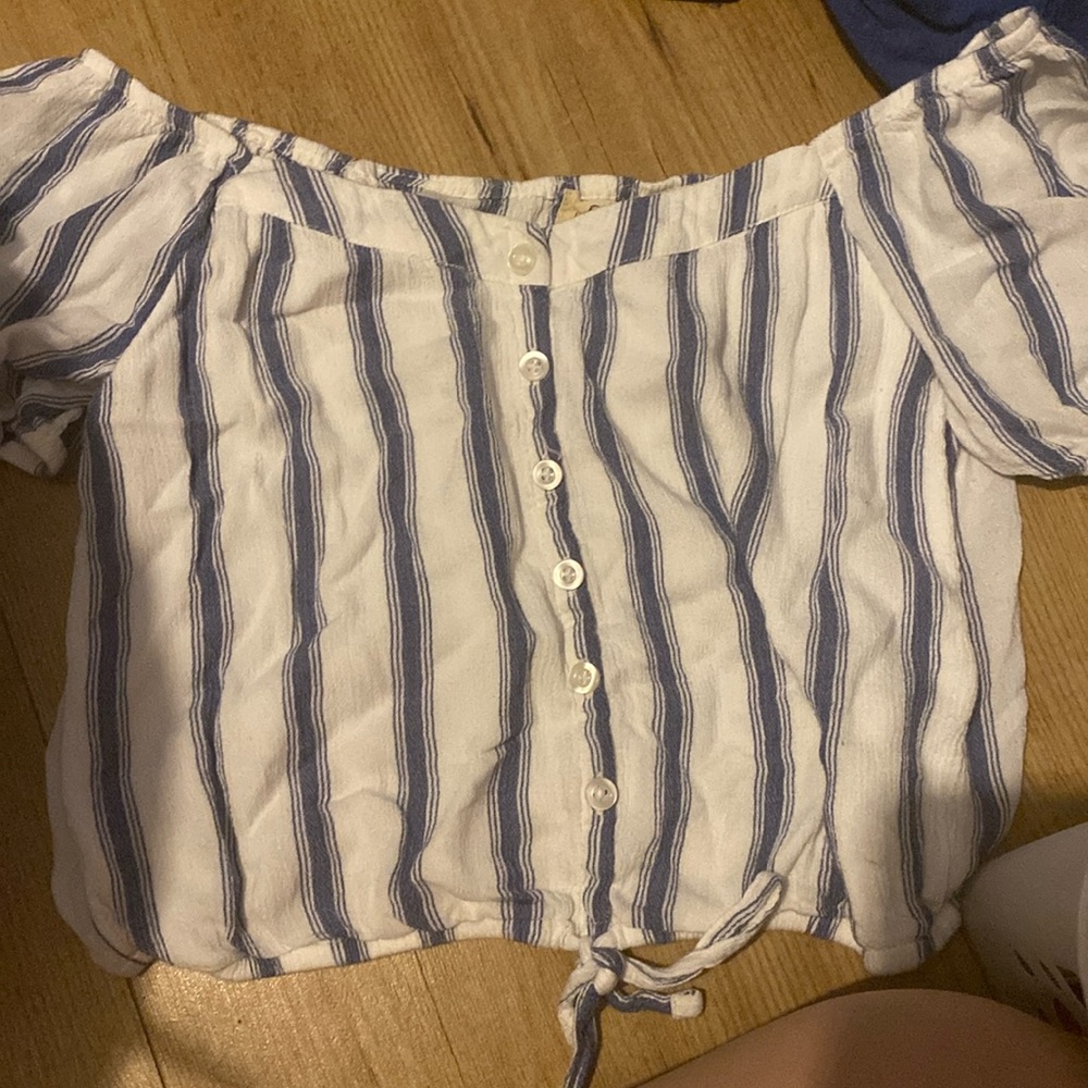 hollister size small off shoulder blue and white striped shirt